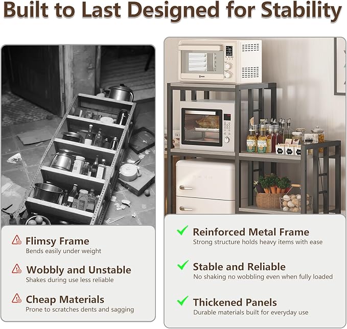 METYERRY6-Tier Adjustable Mini Fridge Cabinet With Power Outlet,Kitchen Bakers Rack With storage,Mini Fridge And Microwave Stand,Coffee Bar, Free Standing Shelf for Kitchen, Home Office,Balcony,Greige