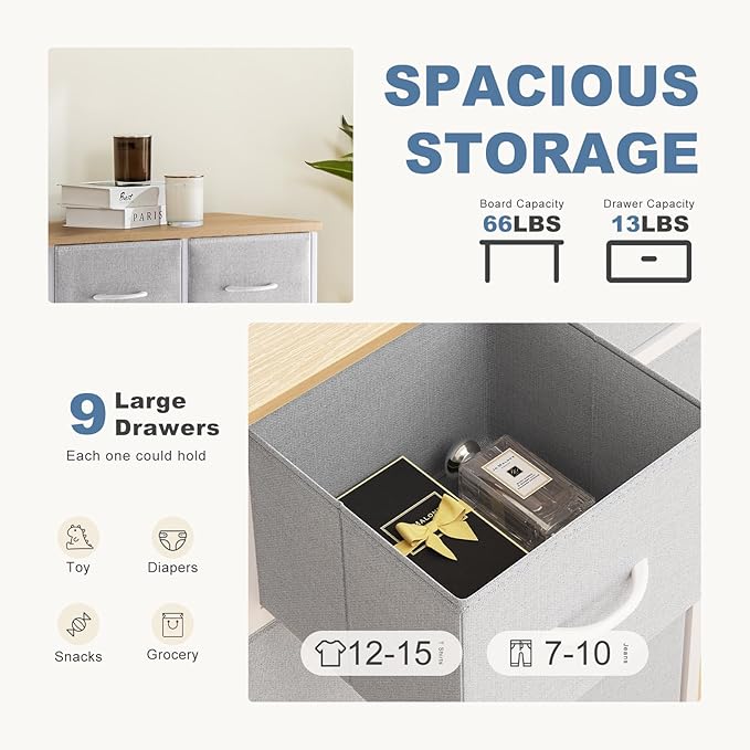 DUMOS 9 Drawer Dresser for Bedroom, Fabric Storage Organizer with Sturdy Metal Frame, Wooden Top Chest of Drawers for Closet Entryway Guest Room,Light Gray