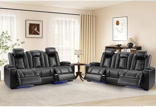 ANJ Modular Power Recliner Set: 5-Seat Home Theater Seating with 2 Loveseats (Center Console & Fixed Middle), LED Lights, USB Charging, Faux Leather for Living Room (Black)