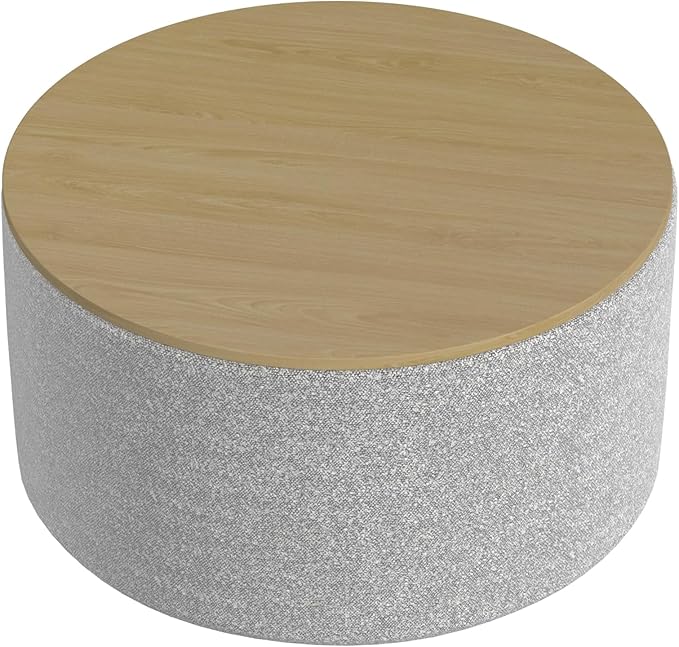 HomePop Modern Fabric Storage Ottoman with Wood Grain Laminate Top -White Cream Boucle with Gray Yarn