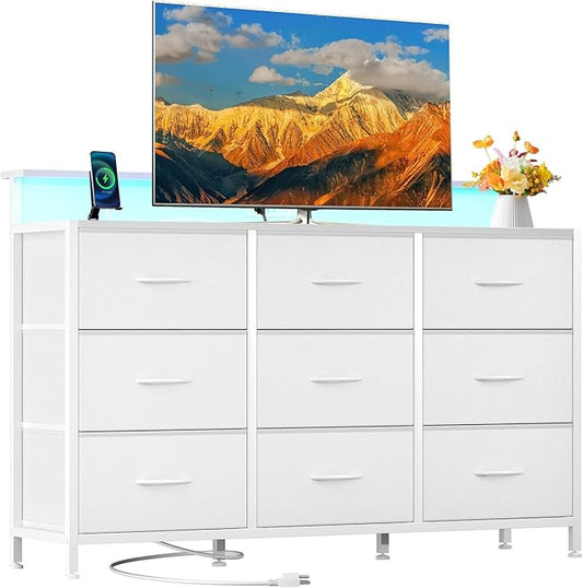 DUMOS TV Stand Dresser with 9 Fabric Drawers and Open Shelves, Entertainment Center with LED Lights, Charging Station for Bedroom, Wood Top Media Console for 45-55 inch TV Stand with Storage, White