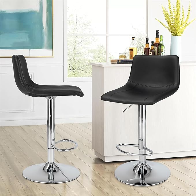 Finnhomy Bar Stools Modern PU Leather, Bar Stools Set of 2 Counter Height, Swivel Barstools with Footrest and L Shape Back, Height Adjustable Modern Bar Chairs for Kitchen, Black
