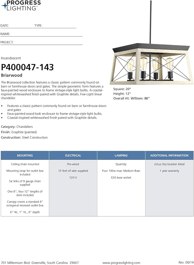 Progress Lighting 4 Light Chandelier, Rustic Farmhouse Style Modern Hanging Light Fixture for Kitchen and Dining Room, Briarwood Collection, Graphite
