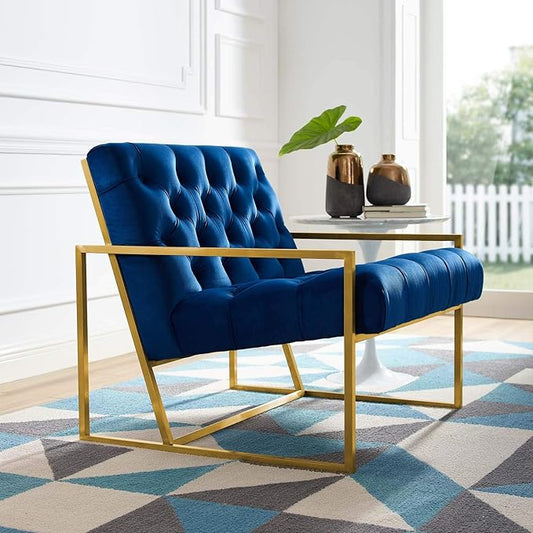 Modway Bequest Performance Velvet Upholstered Accent Lounge Arm Chair with Gold Stainless Steel Frame in Navy