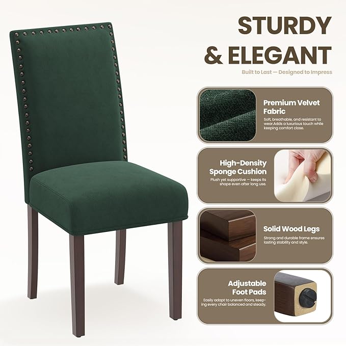 COLAMY Green Velvet Dining Chairs Set of 4 – Upholstered Kitchen & Dining Room Chairs with Nailhead Trim, Soft High-Density Cushion and Solid Wood Legs for Dining Room, Kitchen, Living Room