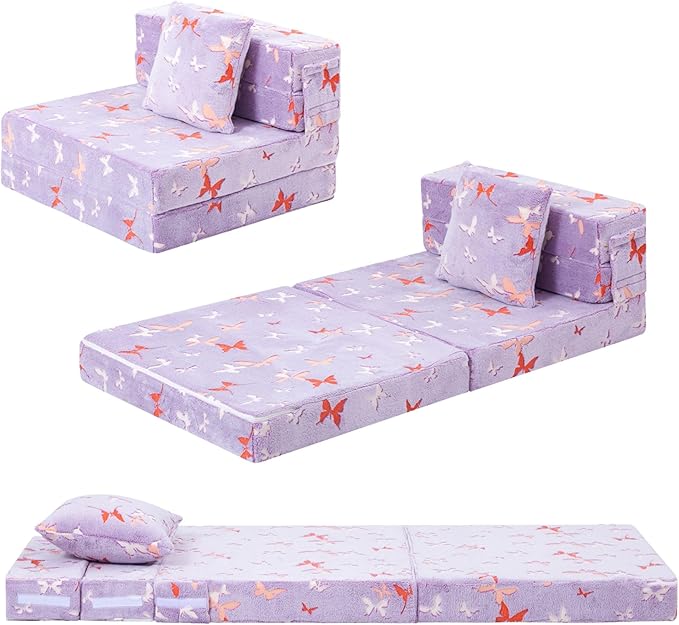 MeMoreCool Foldable Futon Chair Bed for Kids, Glow Tri-fold Sofa Bed Convertible Toddler Sofa Mattress, Foam Floor Couch for Sitting, Purple