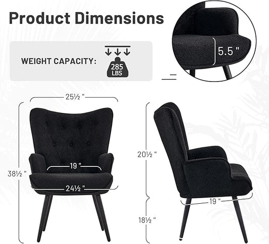 Furniliving Boucle Accent Chair for Living Room, Upholstered Reading Chair with High Backrest, Tufted-Button Wingback Armchair for Bedroom, Dressing Room, Home Office, Black, Set of 2