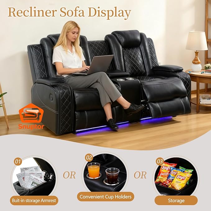 Power Leather Recliner Sofa Set with LED Light,Reclining Loveseat and 2*Chairs Set with Storage Console/USB Port/Cup Holder,Leather Couch for Living Room Furniture Sets(2+1+1 Seats,Black)
