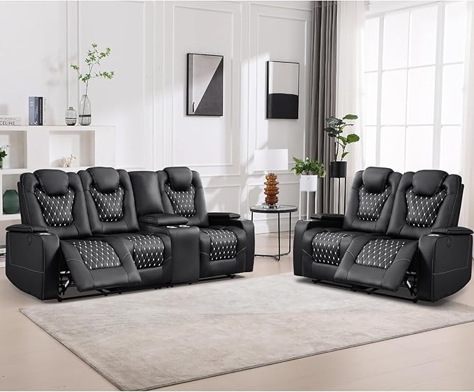 ANJ Living Room Furniture Sets,Power Upholstered 3 Seat Recliner Sofa & Loveseat Sofa with USB Ports and Cup Holders - Family Set Seating PU Leather Reclining Couch with Hidden Arm Storage(Black)