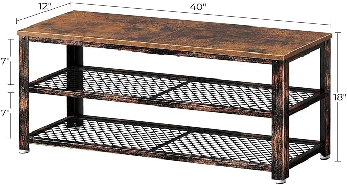 Rolanstar Shoe Bench, 3-Tier Shoe Rack, 40” Storage Entry Bench with Mesh Shelves Wood Seat, Rustic Foyer Bench for Hallway Front Door, Doorway, Living Room, Mudroom, Steel Frame, Rustic Brown