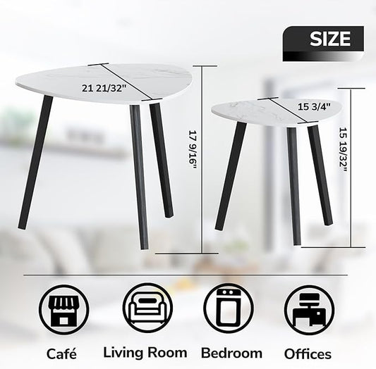 BAMEOS Bamboo Nesting Triangle End Table,Set of 2 Side Table Modern Minimalist Coffee Table for Living Room (Marble White)