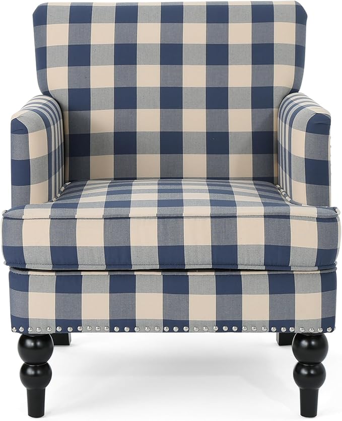 Christopher Knight Home Eve Modern Upholstered Club Chair, Wooden Living Room Accent Chair, Comfy Bedroom Reading Chair, Multifunctional Armchair, Blue Checkerboard