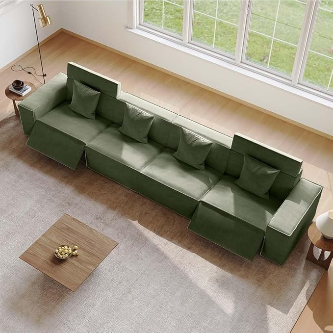 145.28'' Power Sofa, Modern Recliner Couch for Living Room, Green Sectional Sofa with Performance Fabric, Modular Couch Design, Free Combination for Home