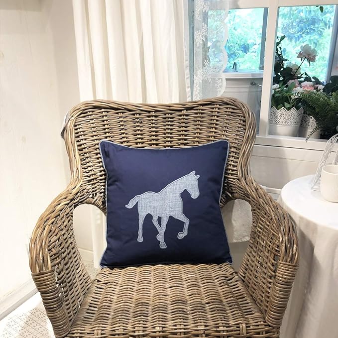 Navy Cotton Pillow Covers Decorative Horse Pillow Case for Sofa Cushions Covers 18x18 Inches (Navy) … …