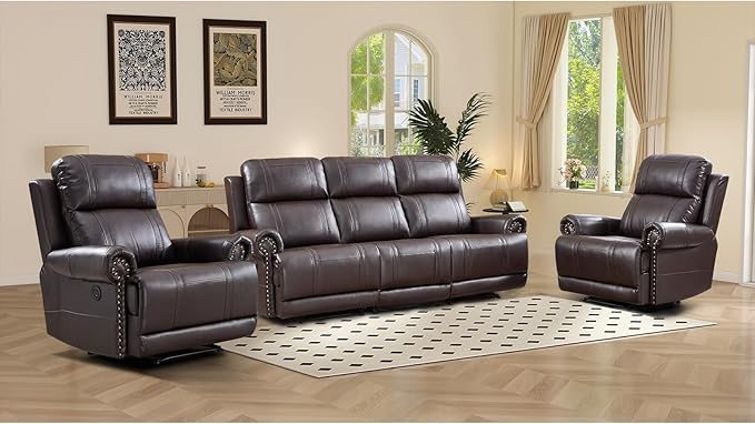 EBELLO Faux Leather Electric Reclining Sofa Set, Power Recliner Six Seats Sofa Set, 2 Chairs and 3-Seat Sofa with Charging Ports, Vintage Rivet Design for Living Room, Meeting Room, Brown