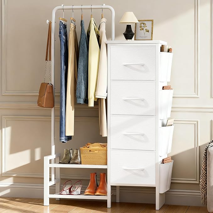 Dresser with Hanging Rack - 52" Tall Clothes Rack with Drawers, 4 Drawers & 4 Side Bags, Fabric Chest of Drawers with with Bottom Shelves, Kids Dresser for Bedroom, Living Room-White