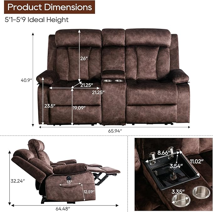 GUEAPY Power Reclining Loveseat with Heat & Massage,Love Seat Reclining Sofa with Console, Cup Holders, USB & Type-C Ports, Storge, 2 Seat Couches for Living Room, Apartment, RV or Office (Brown)