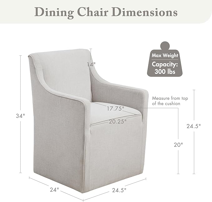 Madison Park Charlotte Dining Chair with Hidden Casters, Accent Chair 20" Thick Seat Cushion, Upholstered, Padded, Modern Farmhouse Dining Chair Side Chair, Fully Assembled Chair 34" H Grey
