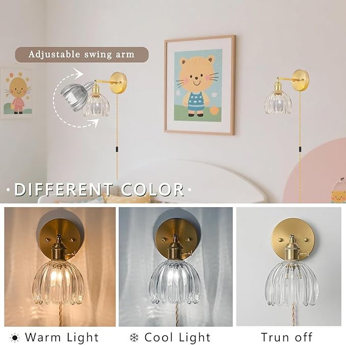 Plug in Wall Sconces Set of 2, Vintage Wall Lamp with 6.5FT Plug in Cord Clear Tulip Glass Shade Decor Indoor, Gold Wall Light for Bedroom Bedside Kids Living Room Bathroom