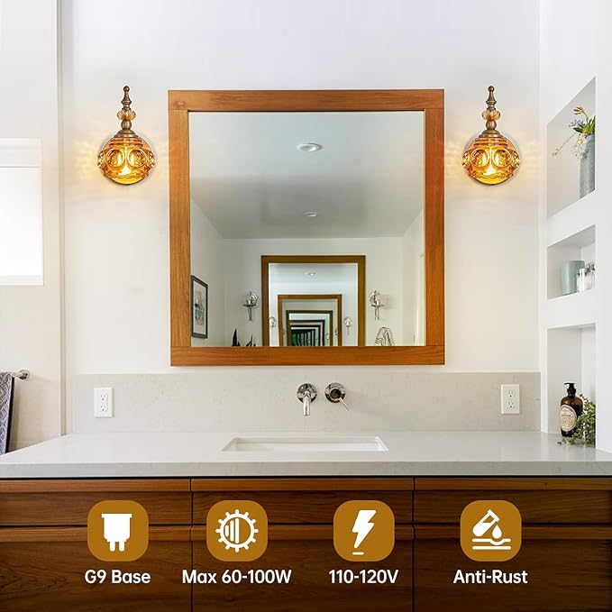 Vintage 2-Pack Wall Sconces Amber Rose Wall Lights Bathroom Vanity Lighting Fixtures, Vanity Light Rust-Proof and Durable for Bedroom Living Room Hallway
