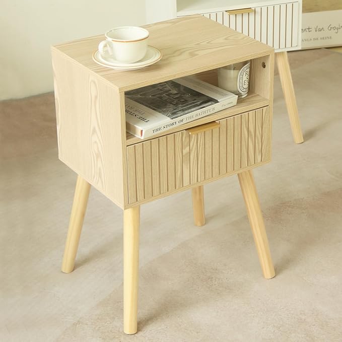 MaxSmeo Small Nightstand Wood Bedside Table with Drawer, Modern End Table for Bedroom and Small Spaces, Solid Wood Legs, Easy Assembly, Natural