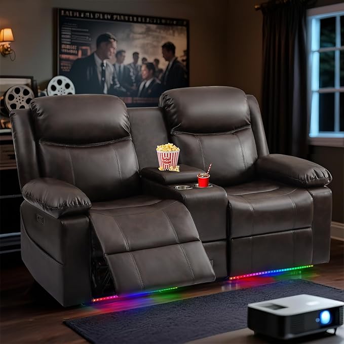 Power Loveseat Recliner Sofa with Console, Electric Reclining Couch with Colorful Light/Storage/USB/Type C, RV Wall Hugger Recliners Loveseat for Living Room & Home Theater & RV