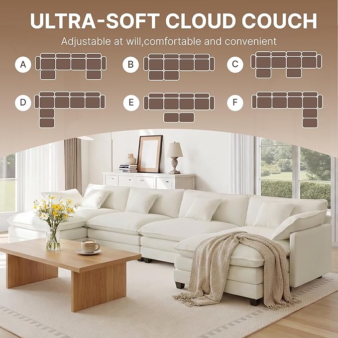 KISLOT 157" Oversized Modular Sectional Sofa,U-Shaped Cloud Couch with Movable Ottoman,Thick Cushions,6 Deep Seats with 6 Throw Pillows Sofa Couch Set for Living Room, Bedroom | Wood Frame