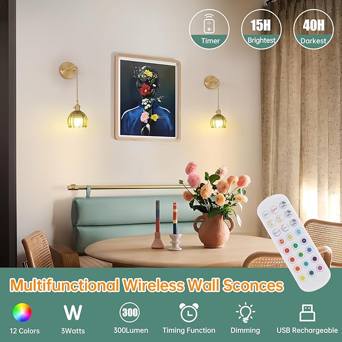 Battery Operated Wall Sconce with Green Tulip Shade Pattern Glass Adjustable Chain Retro Gold Wall Mounted Light, Modern Wall Decor for Bedside Bedroom Indoor Doorway， Set of 2