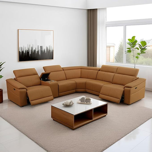 Power Reclining Sectional Sofa with Console，5 Seats Leather Sectional Couch Living Room Set L Shaped Couch with Cup Holders/USB Charging/Manual Adjustable Headrests,Ginger