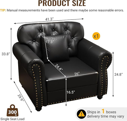 KEIKI 41" Faux Leather Chesterfield Sofa with Rolled Arms & Nailhead Trim, Modern Style 1-Seater Button Tufted Couch with High Resilience Cushion & 1 Pillow, Easy Assembly, for Living Room, Black