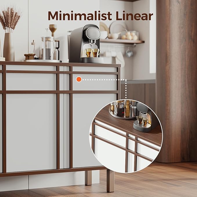 58" Sideboard Buffet Cabinet with Storage, 4 Doors and 3 Drawers, Adjustable Shelves, Wooden Mid Century Coffee Bar Cabinet for Kitchen, Living Room, Entryway, Walnut/White