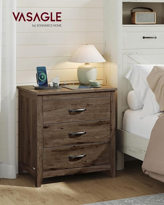 VASAGLE LIRY Collection - Farmhouse Nightstand with Charging Station, Set of 2, Bedside Tables, Side End Tables with 3 Drawers, for Bedroom, Taupe Brown ULET979T01