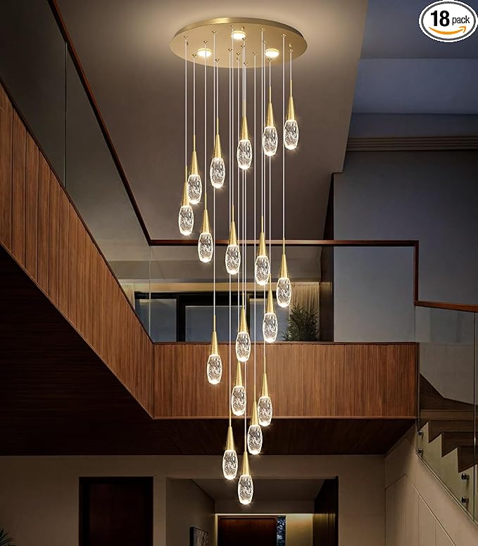18-Lights 138 Inches Modern Chandelier LED Light Fixtures High Ceiling Long Light Chandelier for Entrance Foyer Dimmable Lights with Remote Living Room Ceiling Pendant Lighting Drop Lights Shine Gold