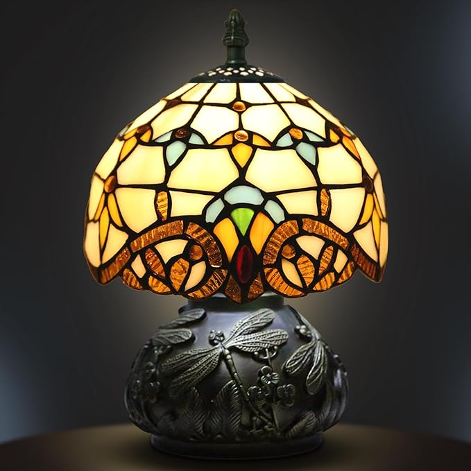 Small Tiffany Table Lamp,Stained Glass Lamp,8 Inch Mushroom Style Mini Vintage Desk Lights for Bedside, Bedroom,Nightstand,Living Room,3 Color Temperature (Baroque)