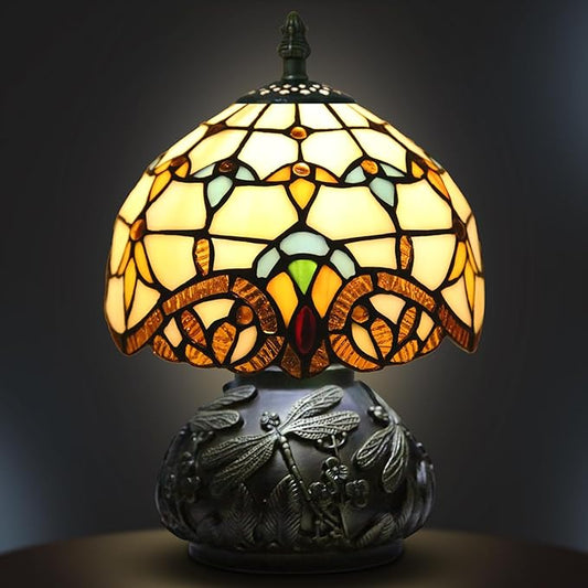 Small Tiffany Table Lamp,Stained Glass Lamp,8 Inch Mushroom Style Mini Vintage Desk Lights for Bedside, Bedroom,Nightstand,Living Room,3 Color Temperature (Baroque)