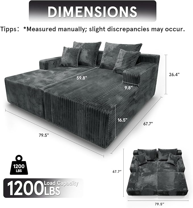 Sytopia Loveseat Chaise Lounge with Armrests, Oversized Sofa Bed with 4 Pillows, Cozy Boneless Sleeper, Modular Sectional Couch for Living Room Bedroom, Floor Chair Furniture sala Corduroy