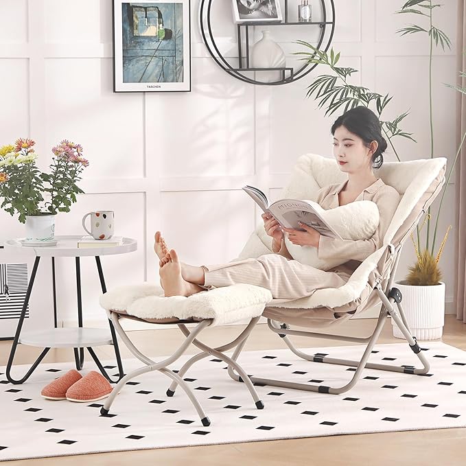 Saucer Chair with Ottoman, Comfy Oversized Folding Chair, Faux-Fur Reading Chair for Adults, Foldable Accent Lazy Chair, Metal Frame Chair for Living Room, Bedroom, Beige