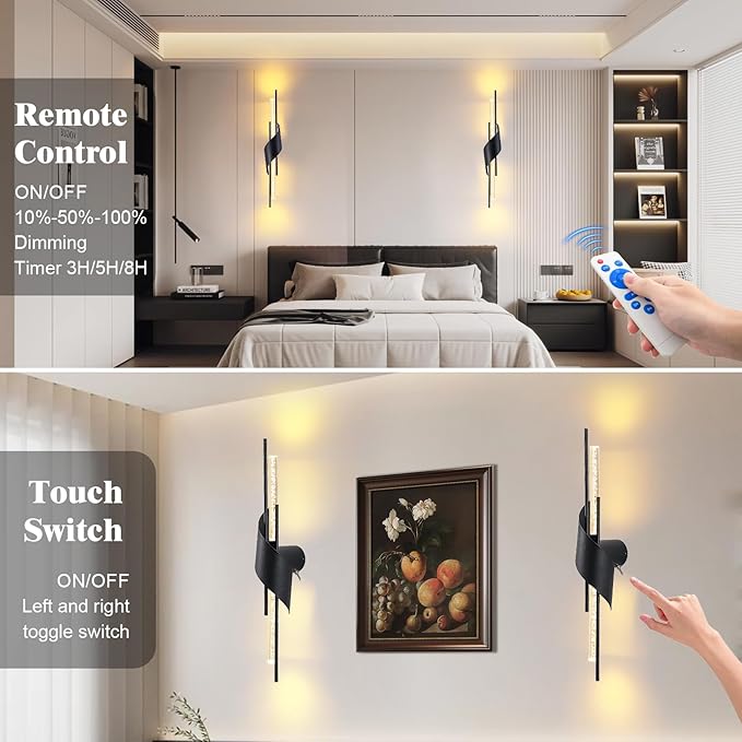 camuucci Battery Operated Black Wall Sconces Set of Two,Modern Wireless Wall Lights,LED Rechargeable 12000mAh Not Hardwired Remote Control Dimmable Wall Lamp Fixtures for Bedroom (Black, 25 Inches)