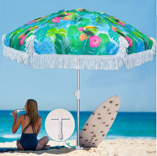 AMMSUN 6.5ft Heavy Duty HIGH Wind fringe Beach Umbrella with sand anchor Vent Tilt Portable Sun Shelter UPF 50+ Windproof Outdoor Sunshade Umbrellas Carry Bag for Patio Garden Pool Backyard Sports