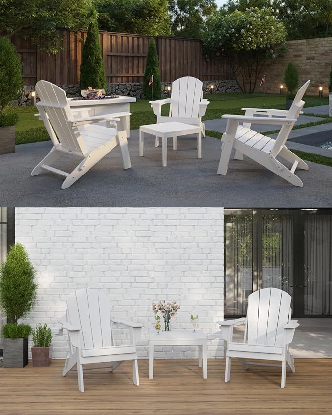 Adirondack Folding Chair for Garden, Patio or Deck - Arm Rests and Cup Holder - Lightweight, Weatherproof - Stylish, Durable Outdoor Furniture for Fire Pit, Beach, Poolside, Porch (White)