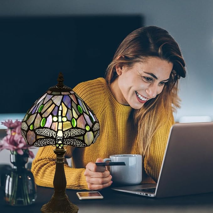 Tiffany Small Table Lamp Blue Dragonfly Hand-Made Stained Glass Table Lamps for Bedroom 8.5X8.5X15 Inch Night Light Bedside Nightstand Home Office Desk Lamp W/ E12 LED Bulb