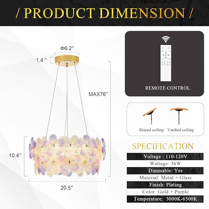 Modern Purple Flower LED Chandelier 20'' Gold Elegant Crystal Lighting for Dining Room Dimmable Ceiling Pendant Light Fixture with Remote Control for Entryway Bedroom Kitchen(3000K-6500K)