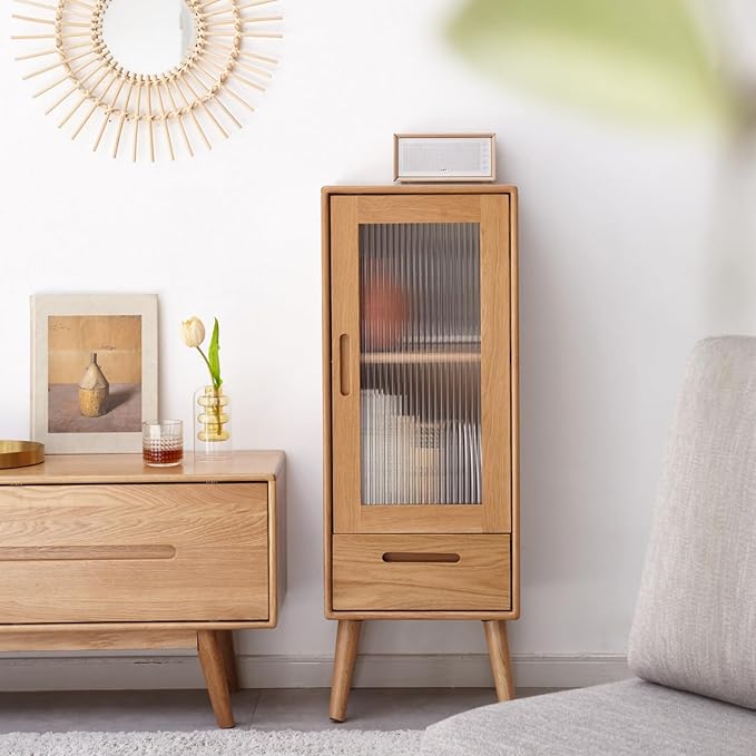 100% Solid Wood Living Room Cabinet, Narrow Storage Cabinet with Doors and Shelves, Kitchen Pantry Storage Cabinet for Kitchen, Home Office(12.6" D x 14.9" W x 39.3" H, Natural)