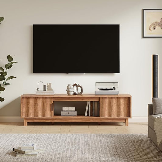 DUMOS 58" Mid Century Modern TV Stand, Mocha Brown Wood Entertainment Center with Storage Cabinets, Media Console Table with Straight Legs & Cable Management for Living Room, Bedroom, Office