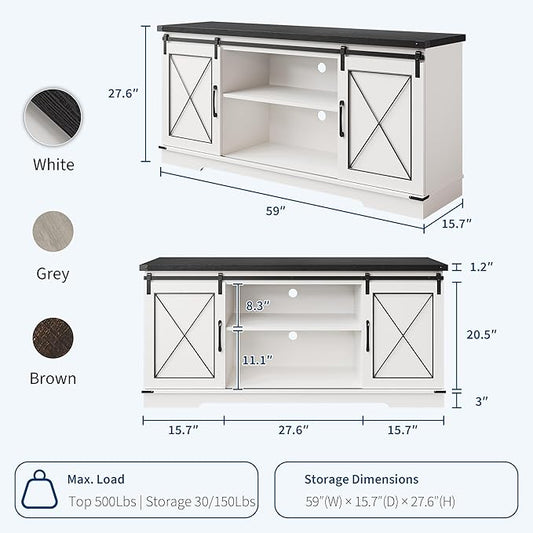 GarveeHome Farmhouse TV Stand for TV up to 65 in and Entertainment Center with Sliding Barn Doors and Adjustable Shelf, Tv Media Console Table with Storage Cabinet for Living Room, Bedroom, White