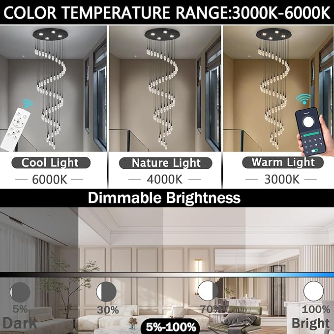 56-Lights 20 Feet Large Modern Chandelier LED Light Fixtures High Ceiling Long Light Chandelier for Entrance Foyer Dimmable Lights with Remote Living Room Ceiling Pendant Lighting Black