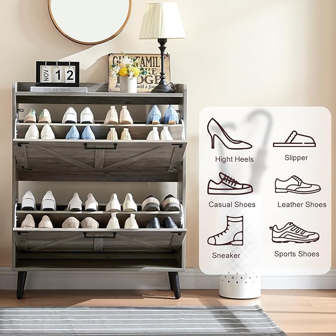 Shoe Storage Cabinet with 2 Flip Drawers, Farmhouse Hidden Shoe Organizer, Narrow Slim Shoe Rack Cabinet for Entryway Hallway,Washed Gray