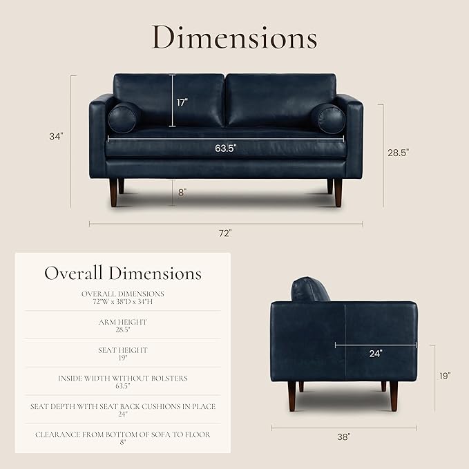 Poly & BARK Napa 72" Leather Sofa – Full-Grain Italian-Tanned Aniline Leather, Feather-Down Comfort, Solid Wood Frame, Walnut Legs, Midnight Blue