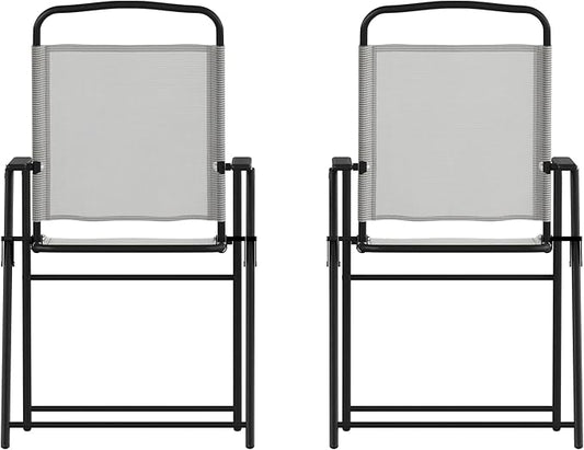 Flash Furniture Mystic Folding Patio Sling Chairs, Outdoor Textilene Lawn Chairs with Armrests, Set of 2, Gray