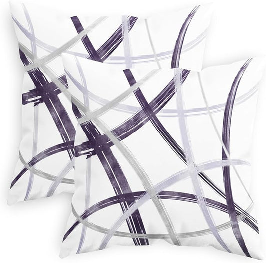 CaliTime Throw Pillow Cases Pack of 2 Cozy Fleece Arc-Shaped Abstract Geometric Lines Decorative Cushion Covers for Couch Bed Sofa Farmhouse Decoration 26 X 26 Inches Deep Purple Grey
